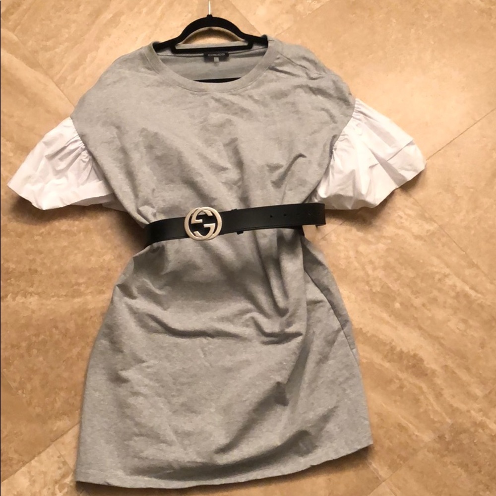 Grey sweater dress with puffed sleeves
